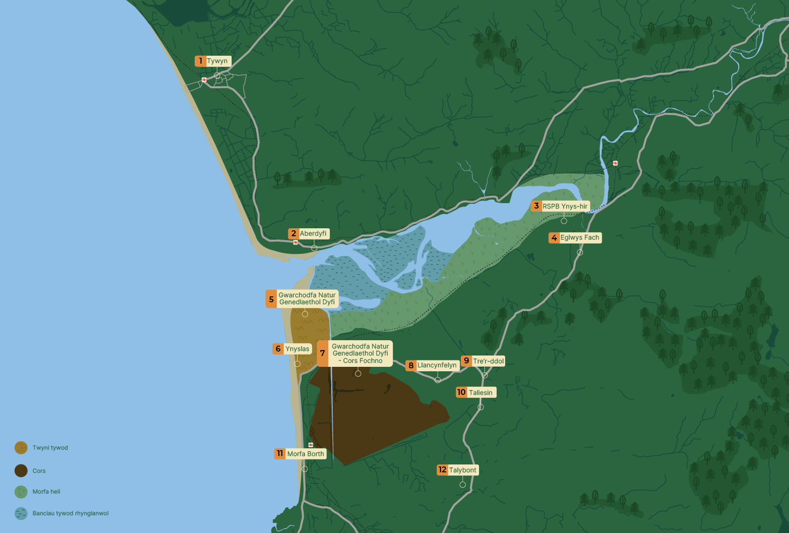 Map o aber Afon Dyfi yn dangos mathau o gynefinoedd a lleoliadau allweddol gan gynnwys Ynyslas, Aberdyfi a RSPB Ynys-hir.