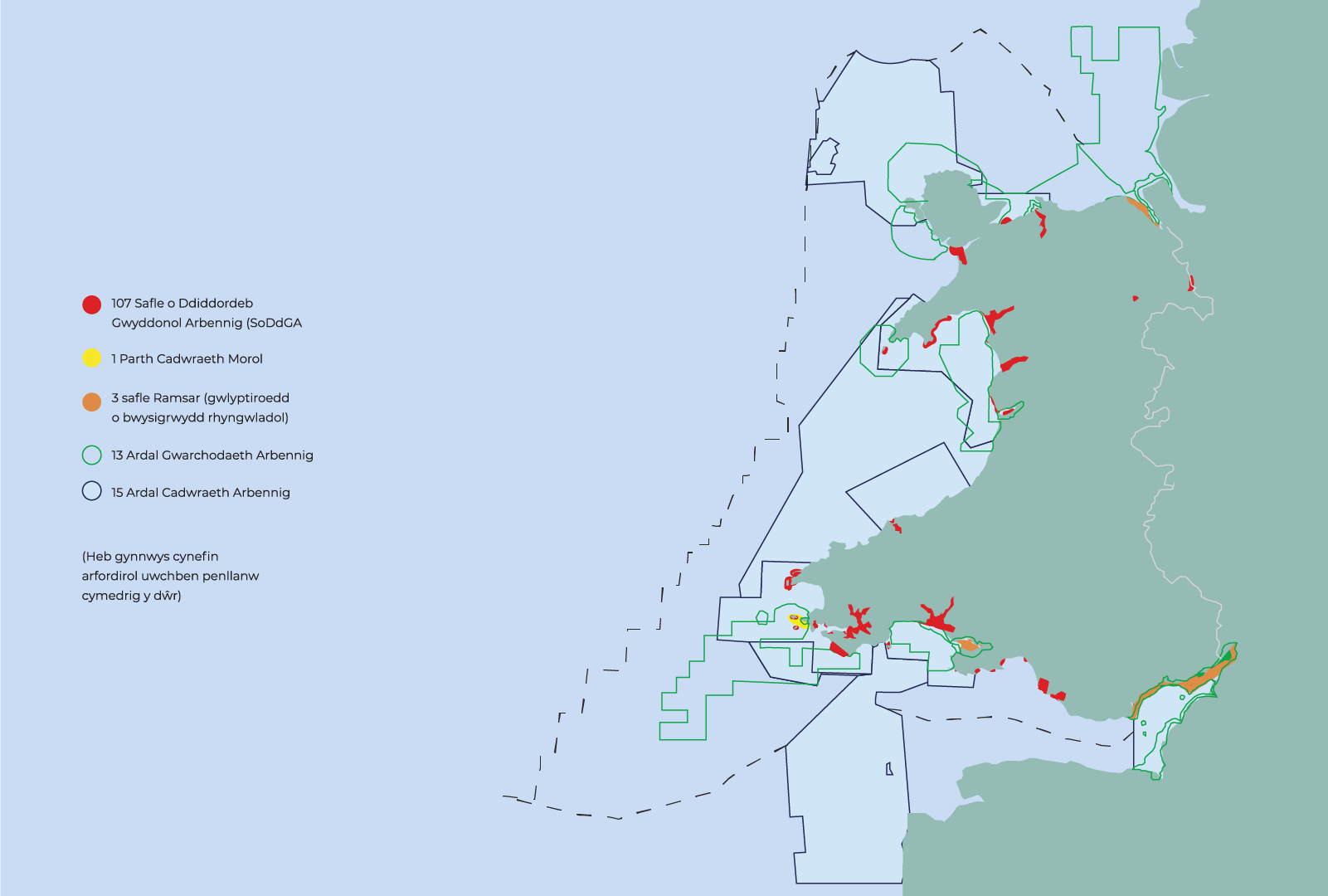 Map yn dangos safleoedd cadwraeth morol ac arfordirol dynodedig o amgylch Cymru, gan gynnwys SoDdGAau, safleoedd Ramsar, Ardaloedd Gwarchodaeth Arbennig ac Ardaloedd Cadwraeth Arbennig.